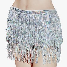 Silver Belly Dance Hip Scarf Sequin Tassel Skirt Wrap Sparkly Rave Costume