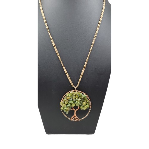 Peridot Tree of Life Pendant Necklace Copper Wrap Gold Plated Circle 30" Chain - Picture 2 of 7