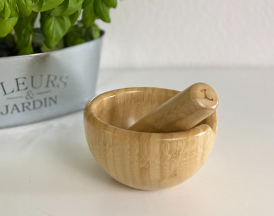 Loisa Bamboo Mortar & Pestle Set Garlic Pepper Press Grinder Crusher for Kitchen