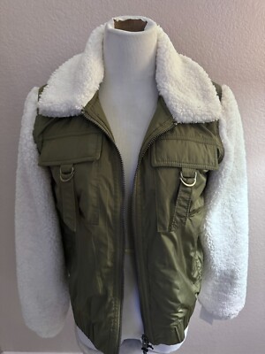 Blank NYC Take it Easy Jacket Nylon Olive Green with Faux Sherpa NWT Size S