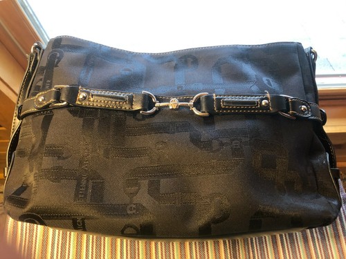ETIENNE AIGNER HANDBAG PURSE SATCHEL SIGNATURE BLACK LEATHER TRIM - Picture 3 of 9