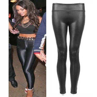 Damen PVC Wet Look Disco hochtailliert glänzend sexy schmale Leggings Hose Damen Hose