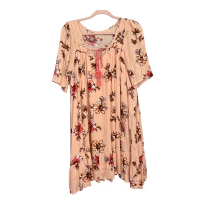 Altar d State Boho Pink Floral  Ruffle Hem Peasant Tassel Tie Shift Dress Sz S