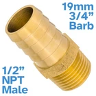 Brass 19mm 3/4" Barb Hose To 1/2" NPT Male Threaded Pipe Fitting Tail Connector