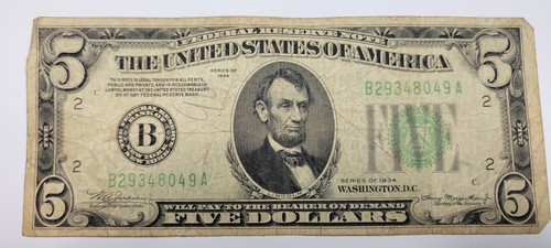 1934 $5 FRN Federal Reserve Note Five Dollars New York NY Circulated *J752 - 第 1/2 張圖片