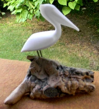 JOHN PERRY Solitary White Pelican on Burl Wood 6" H x 6.5" Wide NM Condition