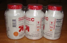 3x up & up Chewable Vitamin C 500mg, 100 tablets, Tropical Fruit, Exp 06/26