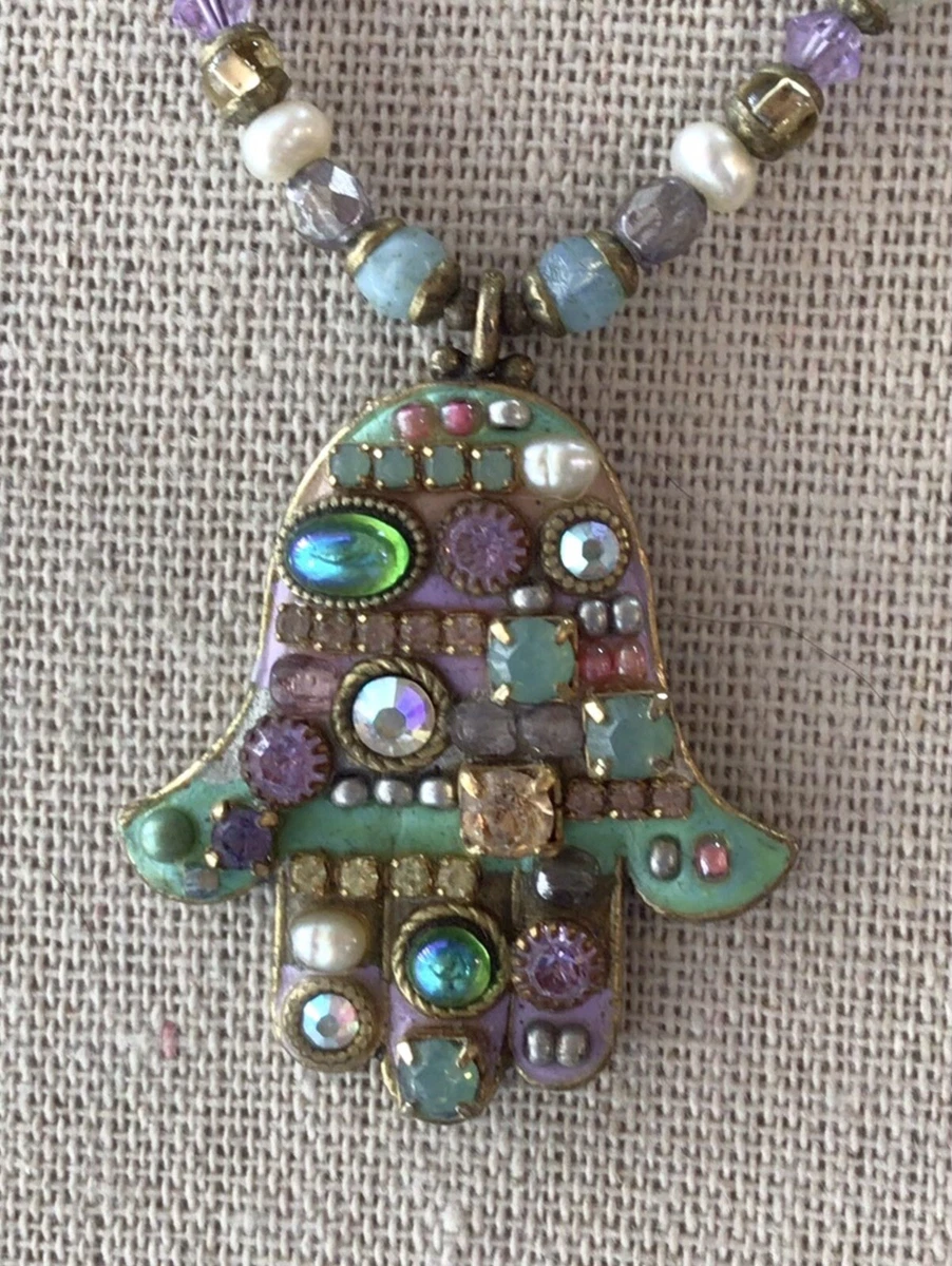 Michal Golan Hamsa neckkace pastel shades swarovski crystals