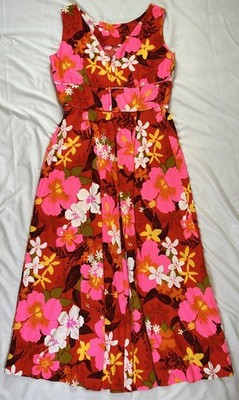 penneys cocktail dresses Vintage 60s Penneys Hawaii Floral Maxi Dress Pink Red Hibiscus Aloha Tiki