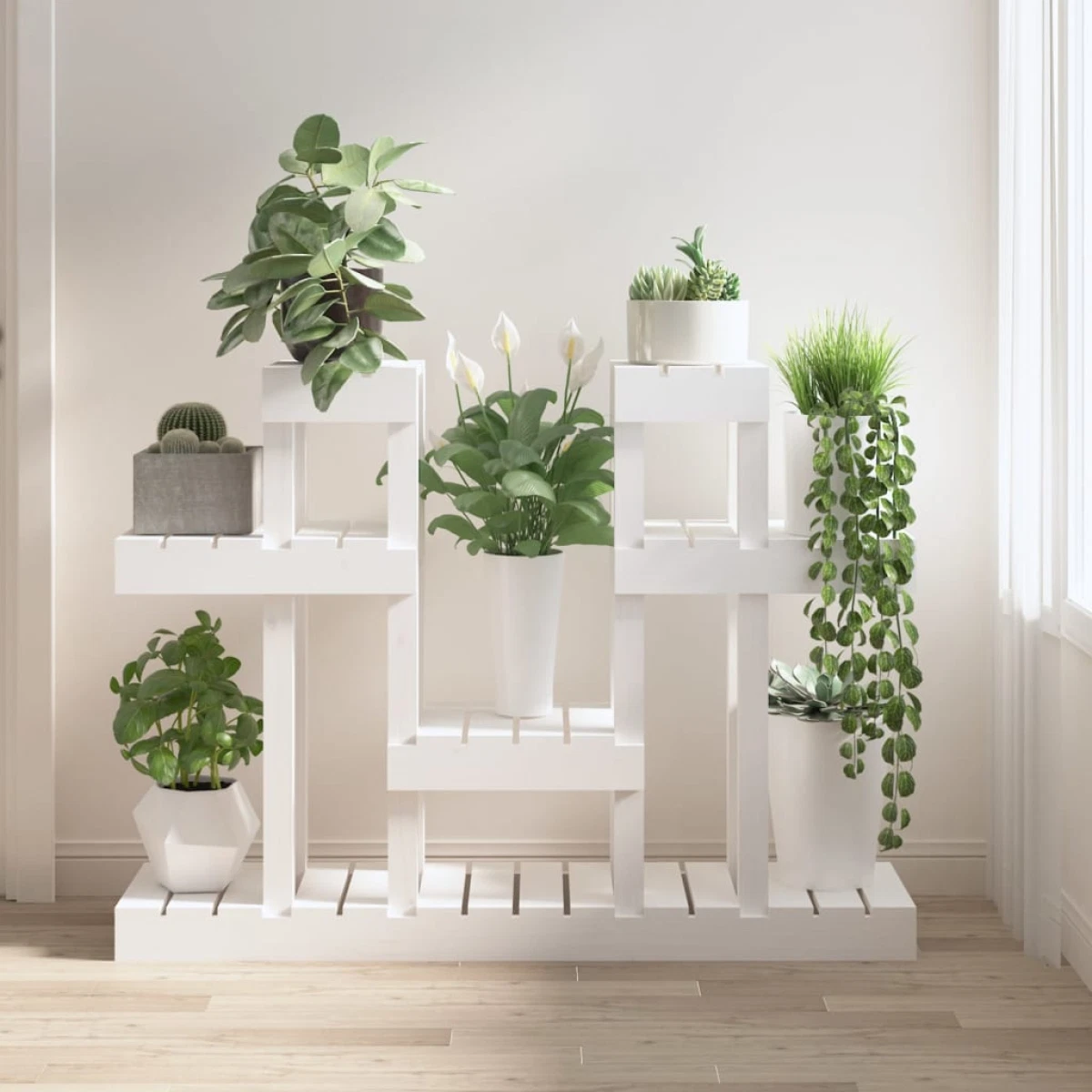 Plant Stand Solid Pine Wood 104.5x25x77.5cm White Indoor Outdoor Shelf Tiers