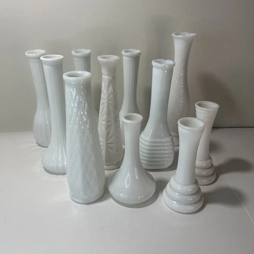 Lot of 11 Vintage Milk Glass Bud Vases 6”-10” Wedding Decor Bridal Shower