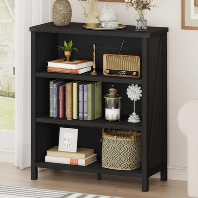 Small Black Bookshelf, 3 Tier Short Book Shelf, Farmhouse Bookcase Storage