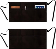 2 Pack Server Apron, Black Waitress Apron with 3 Pockets, Waiter Short Half Wais