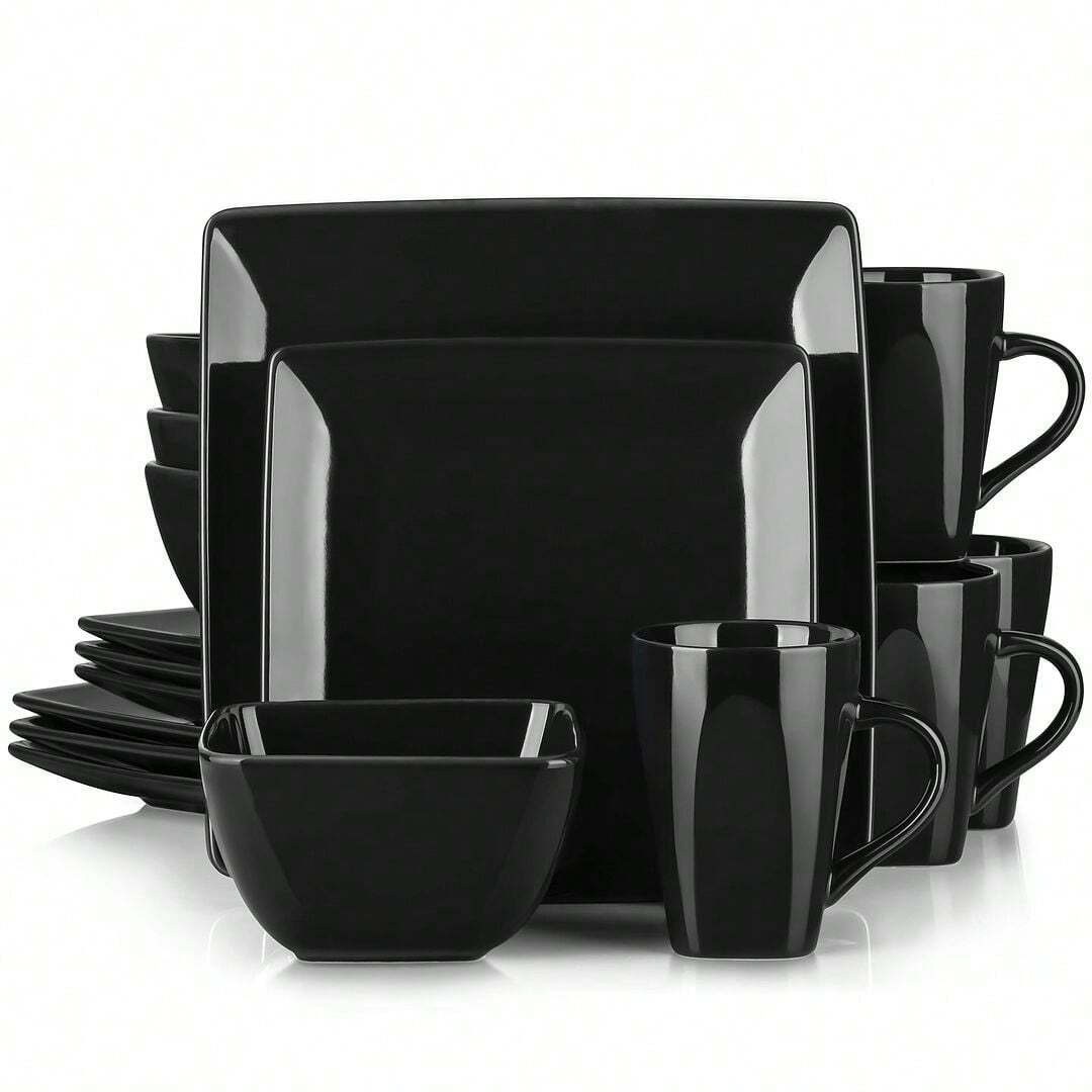 16pc Black Stoneware Dinnerware Set Plates Bowls Service for 4