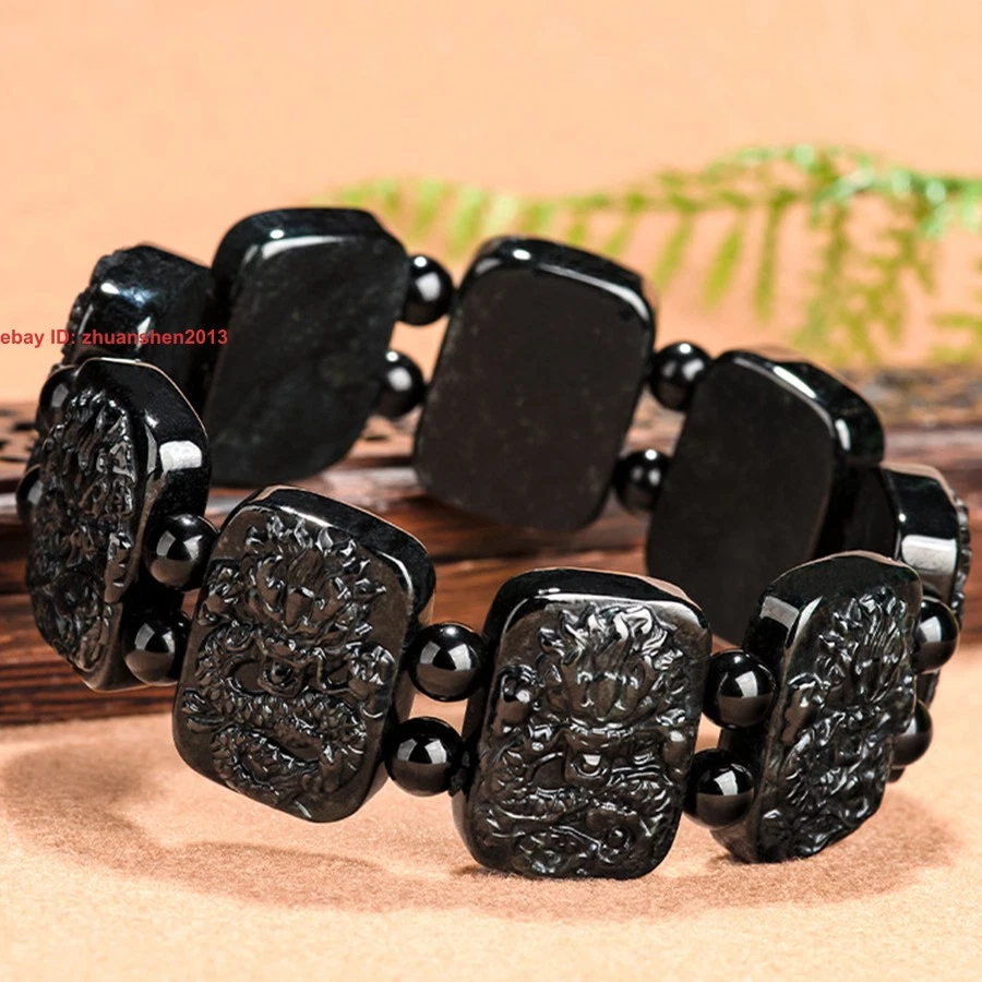 Brazalete de la suerte dragón tallado jadeíta grado A natural negro certificado Foto 3 de 4