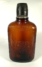 ANTIQUE AMBER GLASS WHISKEY BOTTLE FLASK SPID...