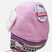 Hello Kitty Girls Pink Fleece Ear Flap Trapper Hat Bow Accent Winter Fair Isle