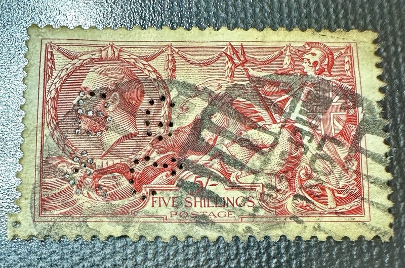 GB Rare Hi-Value  $$ Seahorse W/Perfin 1919-SC#180/SG#416 -5 Sh Car-Rose BW&Co.