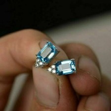 3Ct Emerald Cut Aquamarine Solitaire Women's Stud Earrings 14K White Gold Finish