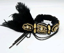 1920s FLAPPER Headpiece Mesh Feathers BEADS on a Headband Headwear stretch