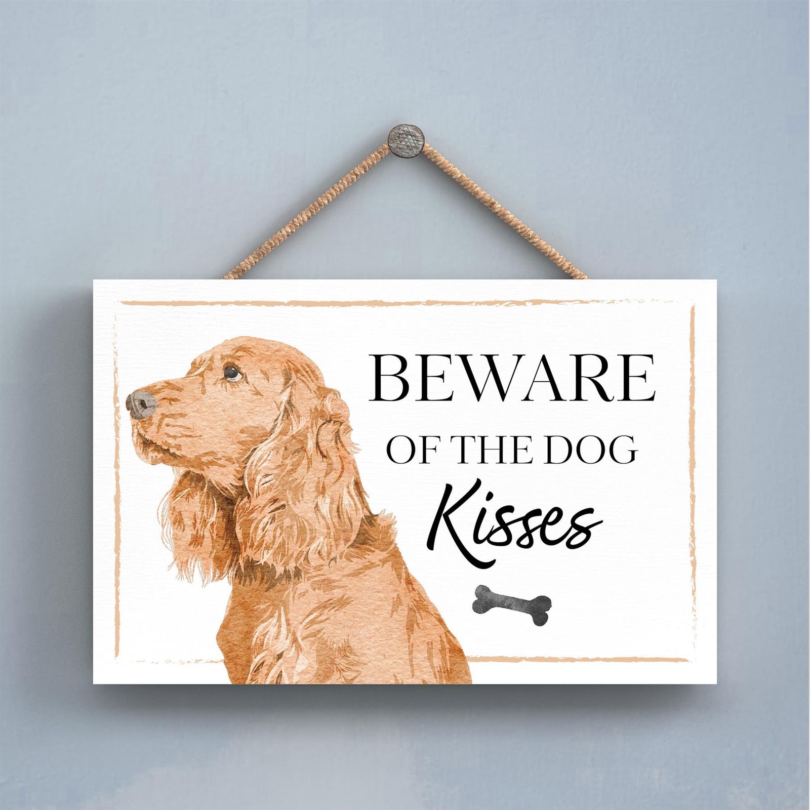 Cocker Spaniel Golden Beware of Dog Kisses Gift Wooden Hanging Rectangle Plaque