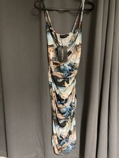 Size 8 Prettylittlething Blue Cherub Print Strappy Ruched Bodycon Dress