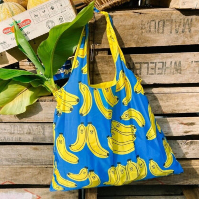   New LOQI Reusable Tote Grocery Shopping Bag BAD BANANAS Blue Yellow Fruit Art