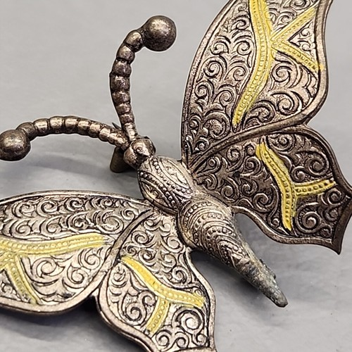 Butterfly Brooch Vtg Spain Textured Silver Tone Faux Damascene 3D Pin 2 5/8" - Picture 6 of 13