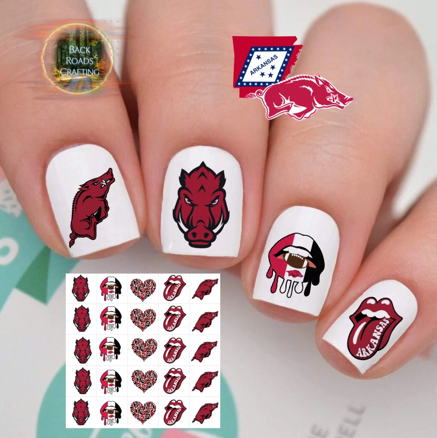 Arkansas Razorbacks Waterslide Nail Art Decals Set Of 50 Instructions & Bonus