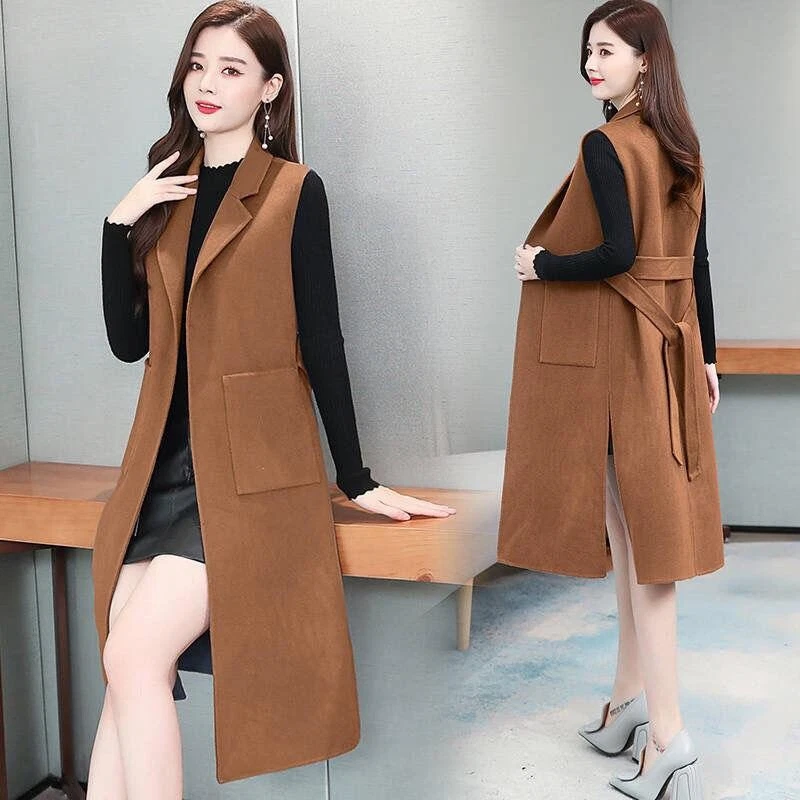 Women Belted Waistcoat Vest Sleeveless Lapel Jacket Midi Coat Cardigan Warm - Image 4 of 4