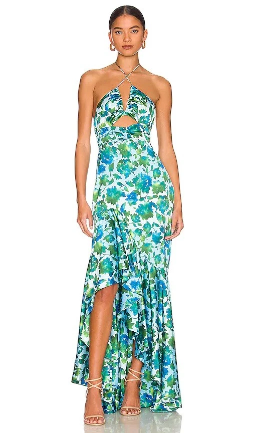 AMUR Edie High Low Tie Neck Gown Cerulean Lotus Block Print Floral 10 NWOT 698 eBay
