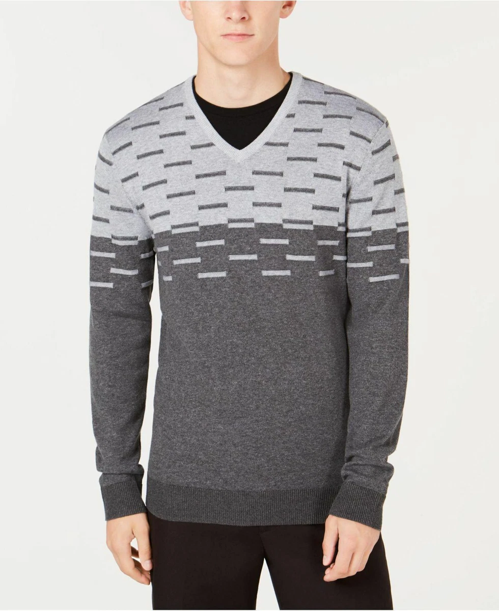 183 Alfani Men s Gray White Cotton Long Sleeve Pullover V