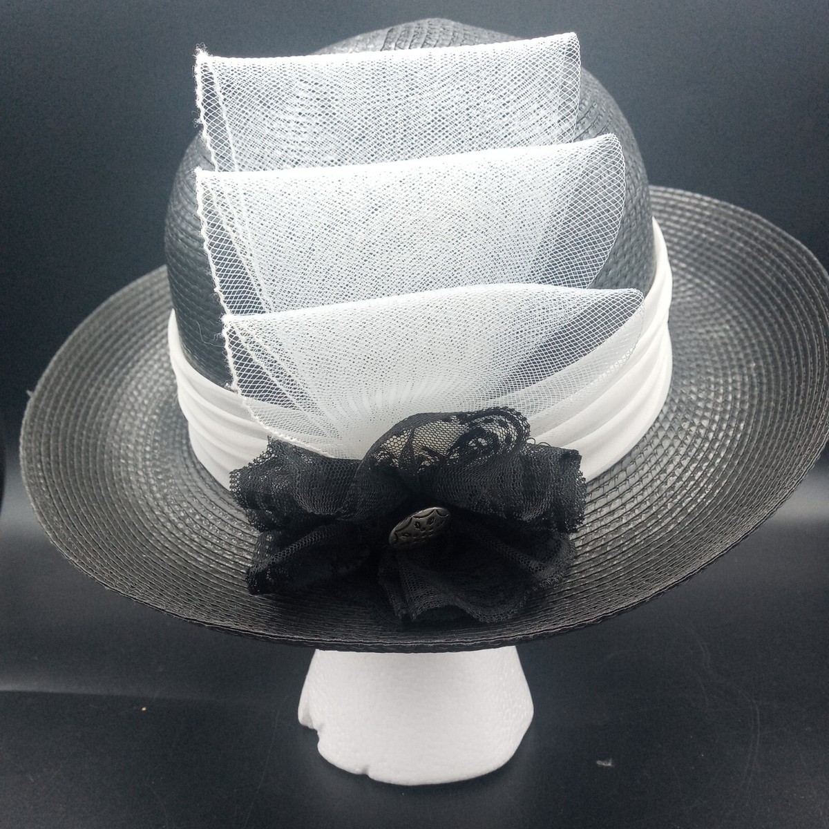 Vintage Black and White Straw Sun Hat Vintage Black & White Straw Hat with Red Flowers, 1950s Tilt  main image 3