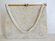 FloweredVintage White Seed Beads Evening CLUTCH HANDBAG 6"X7"X2.5",8" Strap Drop