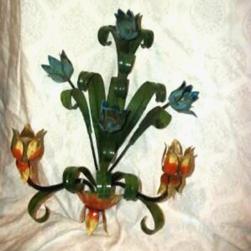 Arandelas Hollywood Regency Italian Tole ousado aqua laranja flores azuis 1960 - Imagem 3 de 4