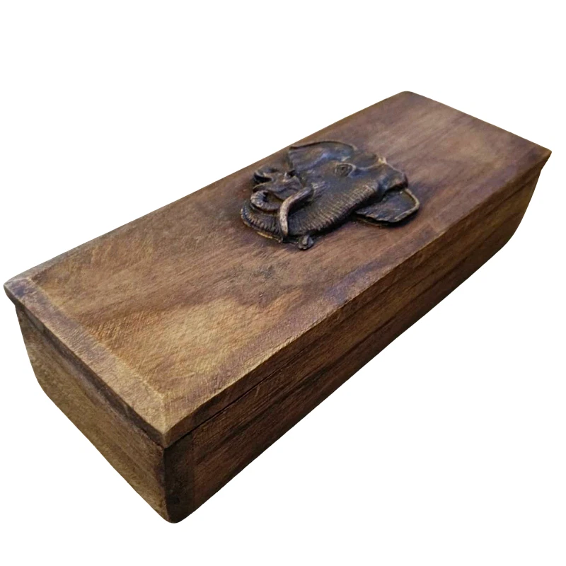 Handmade Thai Vintage Rustic Teak Wood Box With Resin Elephants Head Home Decor - Image 3 of 4