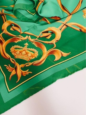 Hermes Green Carre 65 Silk Scarf with Crown Motif 25.6 x 25.6