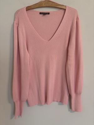 Boston Proper Pink V-neck puff Long sleeve sweater Woman s XL Ribbed knit