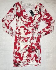 GUESS New With Tags Red White Floral Long Sleeve Ruched Wrap Dress Size Medium