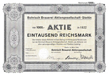 Bohrisch Brauerei AG, Szczecin PL: Szczecin Akcje Koc częściowy 1000 RM 1942