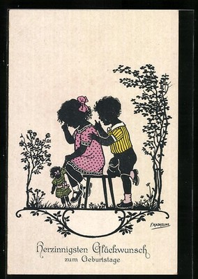Artist postcard Kaskeline: Little boy comforts his girlfriend 1933 