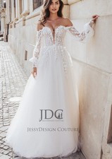 Ivory Lace Wedding Dress Bridal Gown 32-60 Long Sleeve Off Shoulder Balloon Sleeve