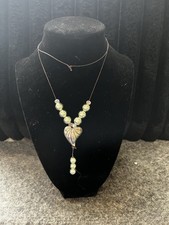 Silver Tone Green Beaded Necklace Leaf Charm ...