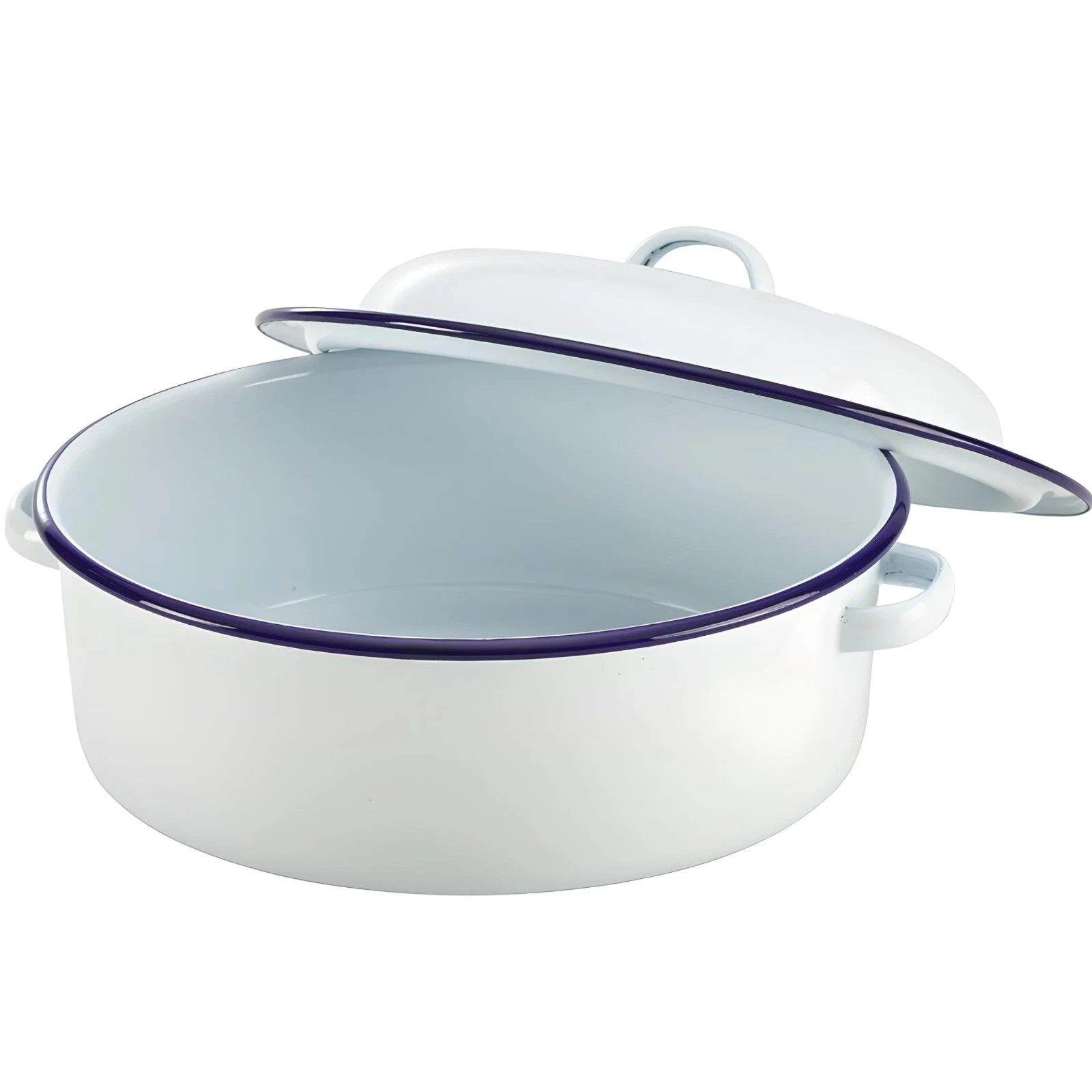 Falcon Enamelware Round Roaster 20cm White Blue Rim Traditional Oven Pot Lid