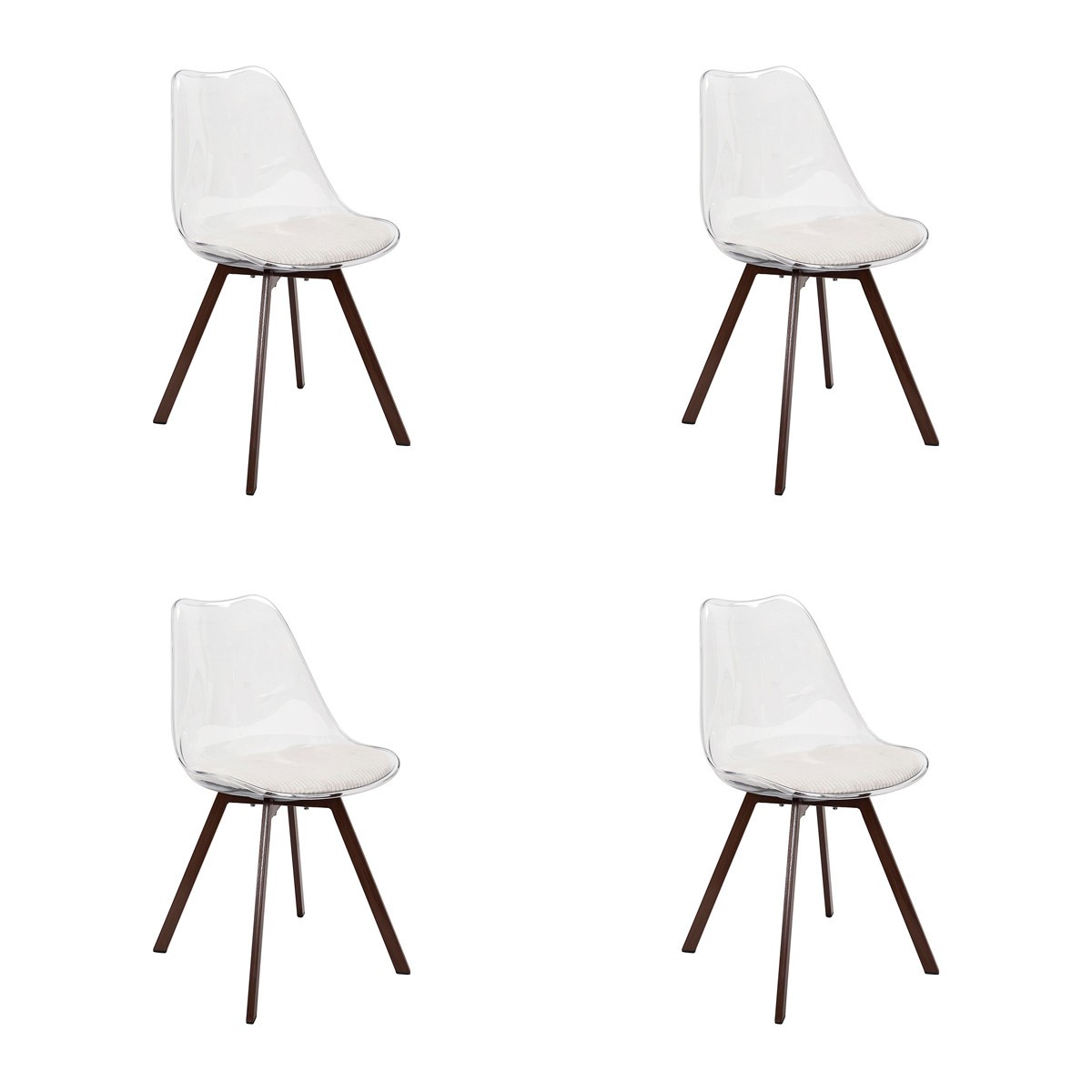 Chaises effet cristal Scott lot de 4 avec assise tissu côtelé beige doux et robuste
