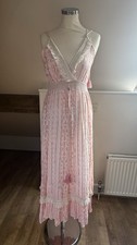 Coral & cream maxi dress, adjustable strap & tie waist and tassel details Size M