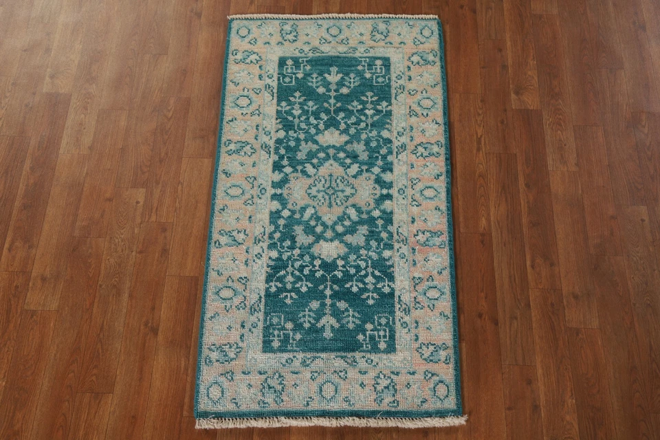 Vegetable Dye Handmade Transitional Oushak Teal Wool Rug 2x4 Ft Turkish Rug - Image 3 of 4