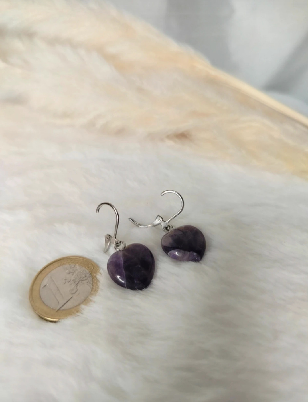Boucles d'oreilles dormeuses améthyste violette en cœur en argent massif - 2