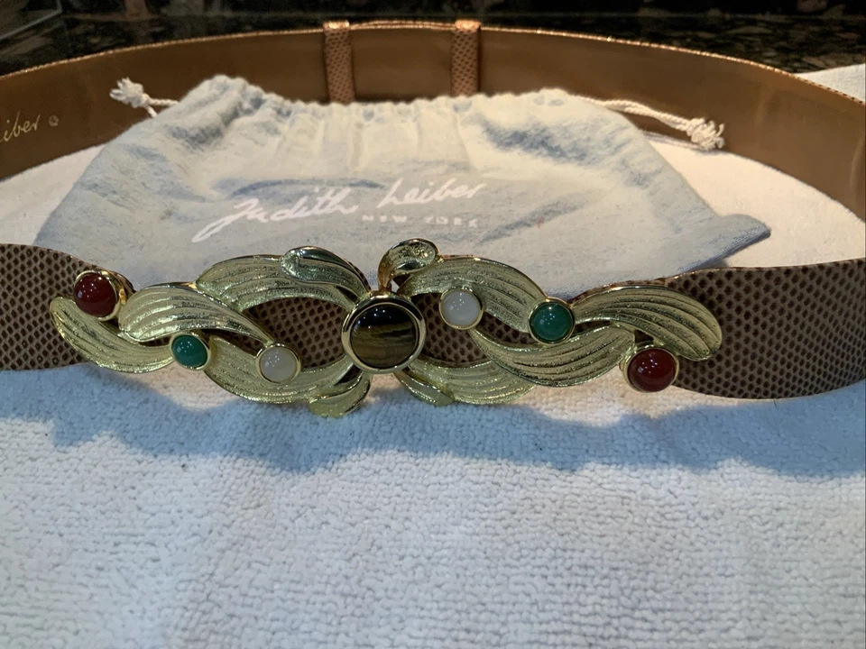 Judith Lieber Vintage Signed Textured  Brown Belt with Jeweled Buckle. - Image 3 of 4
