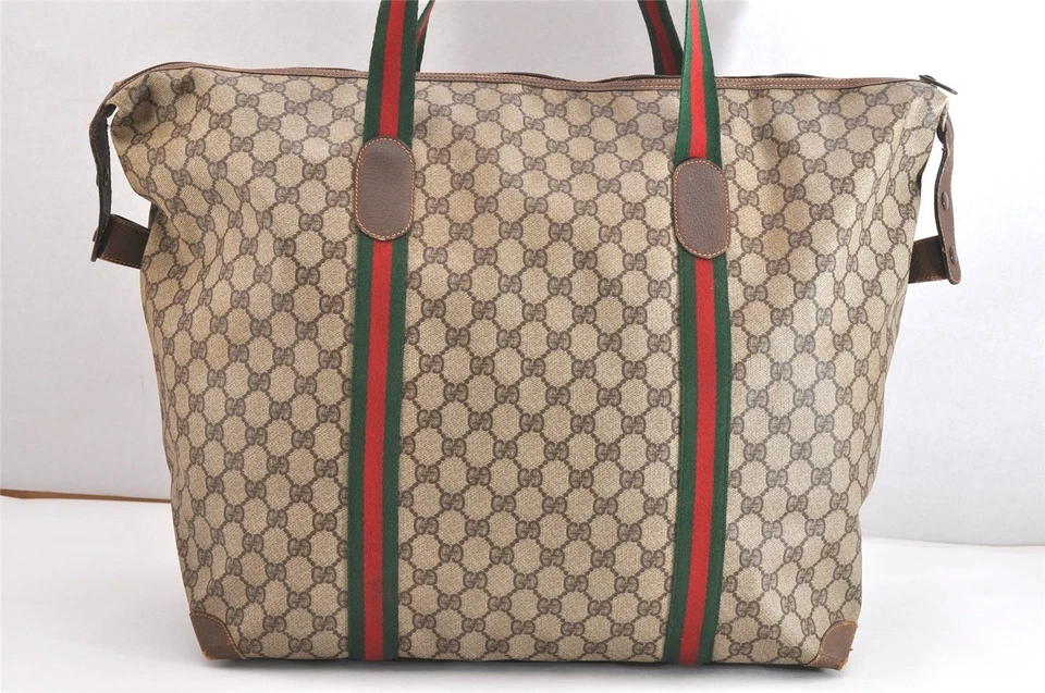 Auténtico Bolso de Viaje GUCCI Web Sherry Line Boston GG PVC Cuero Marrón 4039N Foto 3 de 4